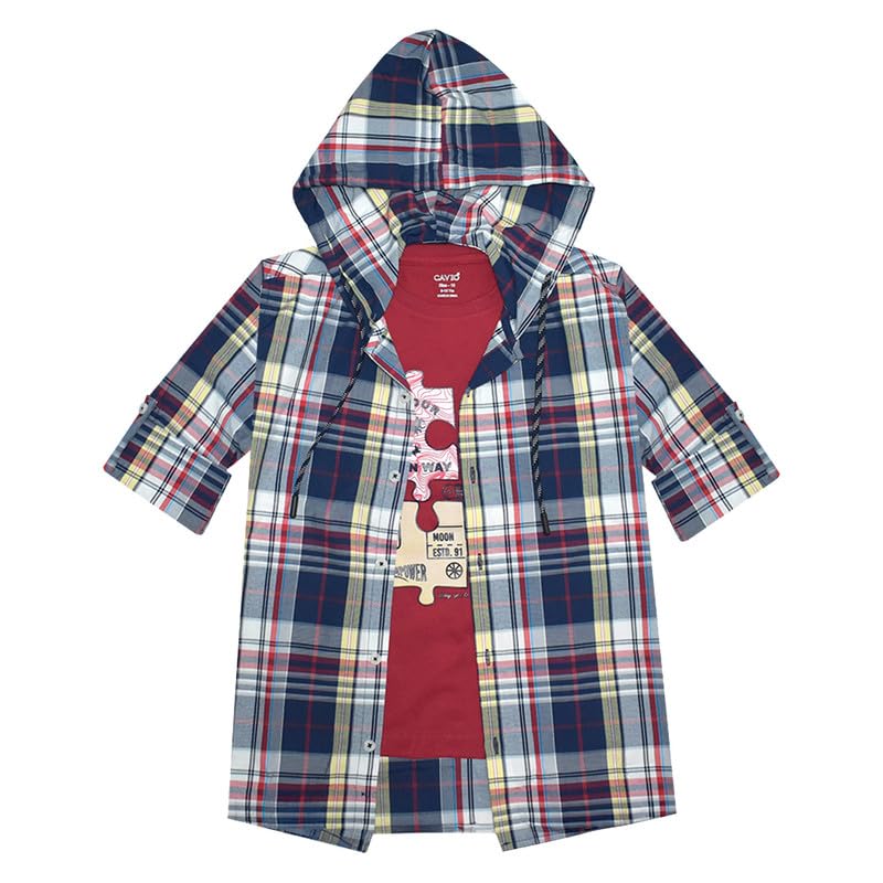 CAVIO Boys Cotton Checks Full Sleeve Hooded Shirt and T-Shirt - Image 4